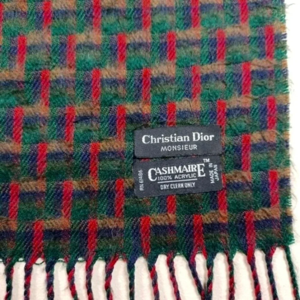 Christian Dior Monsieur womens red an green plaid Cashmaire acrylic scarf 14x68